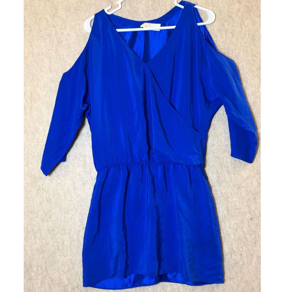 Amanda Uprichard P/S/M Royal Blue 100% Silk Cold Shoulder Wrap Mini Dress USA